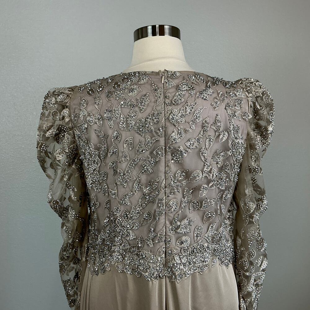 Mac Duggal 20346 Taupe Evening Gown Beaded Long Sleeve A-Line Dress Size 18 - Picture 9 of 12